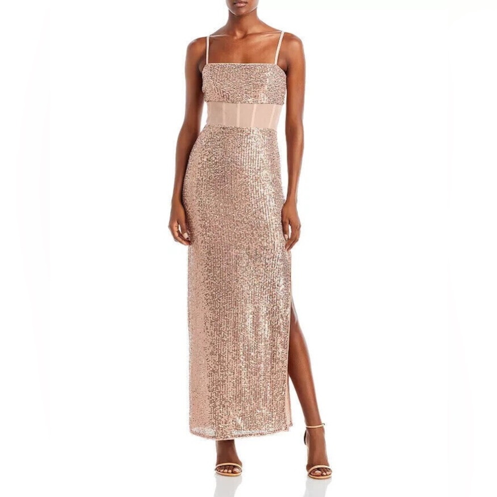 BCBGMAXAZRIA Women's Long Sequin Evening Gown RoseGold